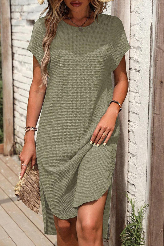 Jungle Green Waffle Texture Curved Hem Side Slit T-shirt Dress - L & M Kee, LLC