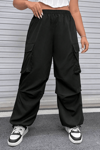 Black Plus Size Flap Pocket Elastic Waist Cargo Pants - L & M Kee, LLC