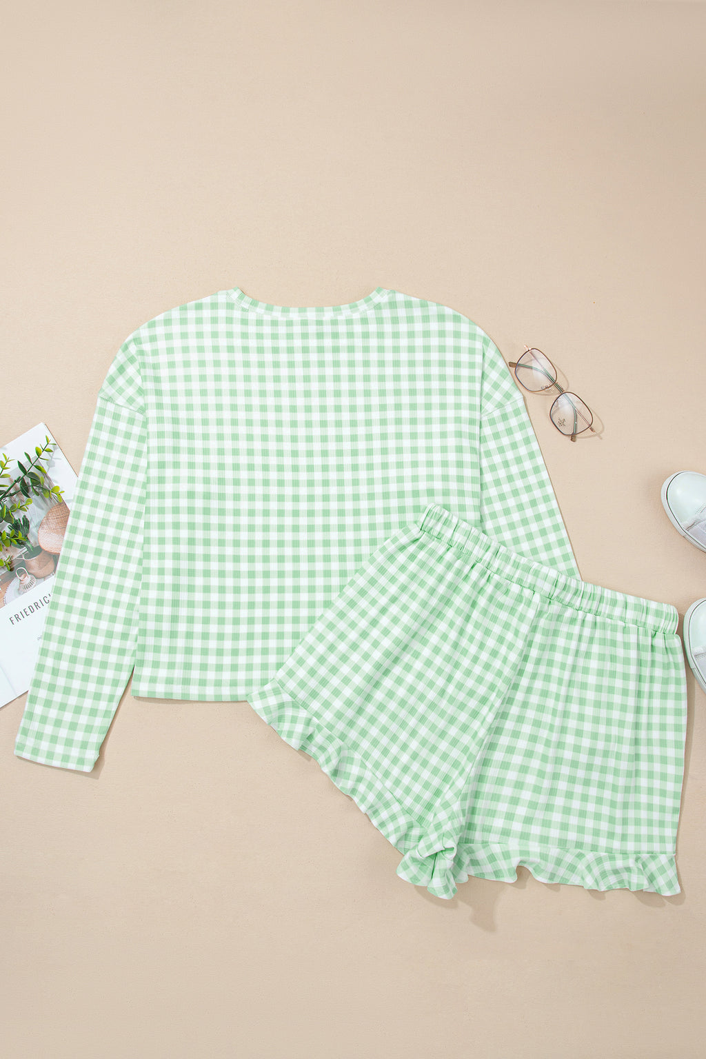 Green Gingham Long Sleeve Loose Top Drawstring Shorts 2pcs Lounge Set