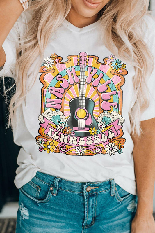 White NASHIVILLE Guitar Graphic Country Music T Shirt - L & M Kee, LLC