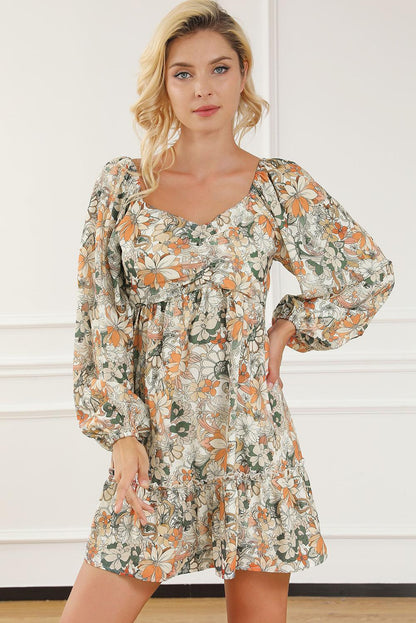 Floral Print Smocked Back Puff Sleeve Mini Dress - L & M Kee, LLC