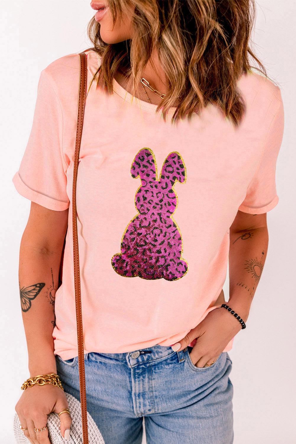 Pink Sequined Leopard Bunny Easter Graphic Tee - L & M Kee, LLC