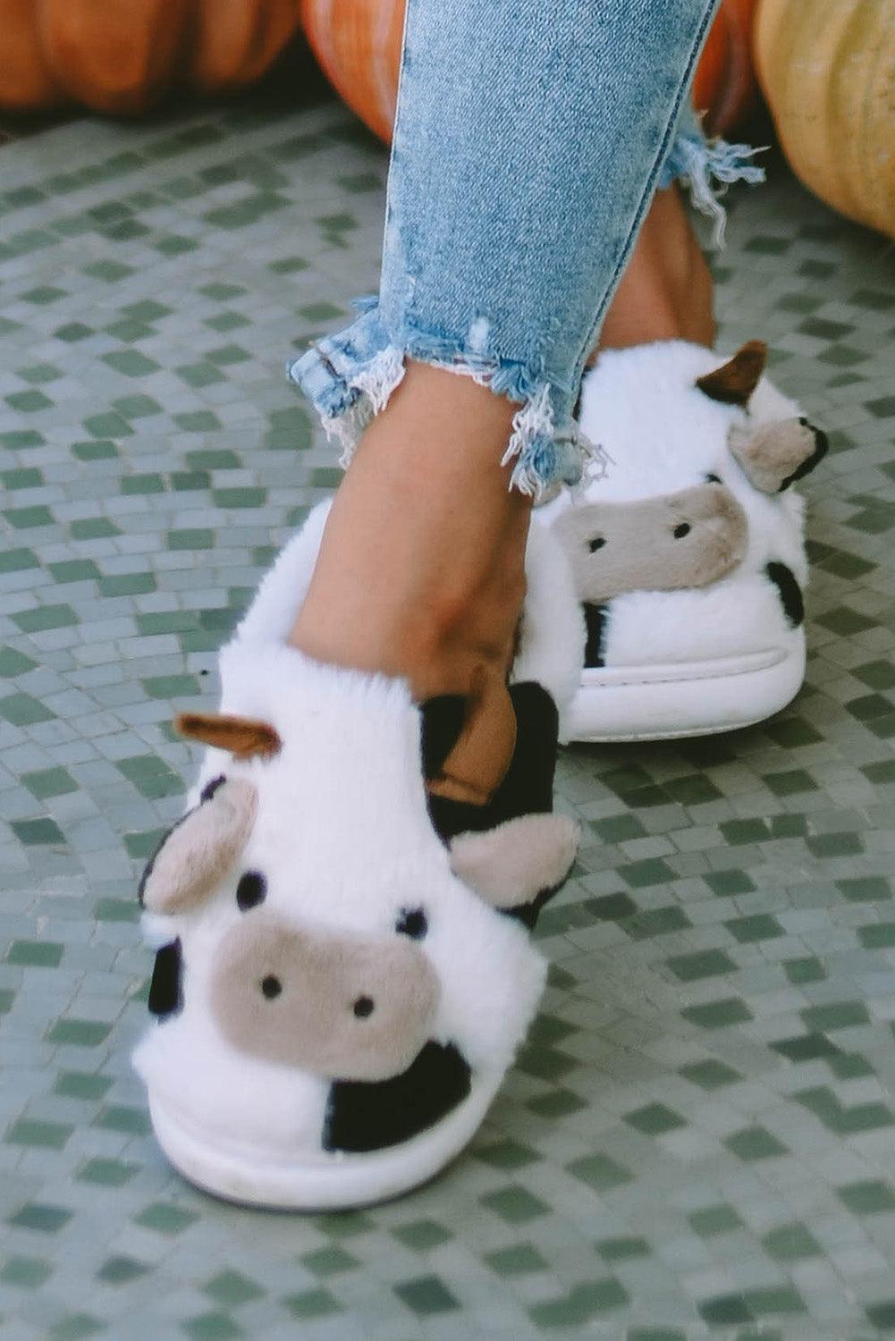 White Cartoon Animal Cow Plush Slippers - L & M Kee, LLC