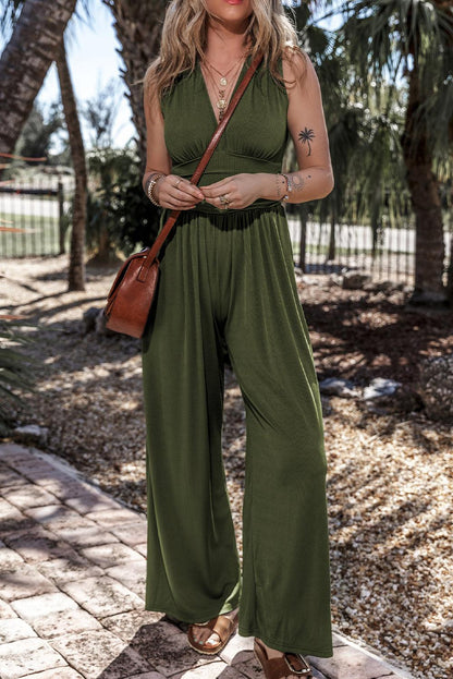 Moss Green Sleeveless V Neck Ruched Wide Leg Jumpsuit - L & M Kee, LLC