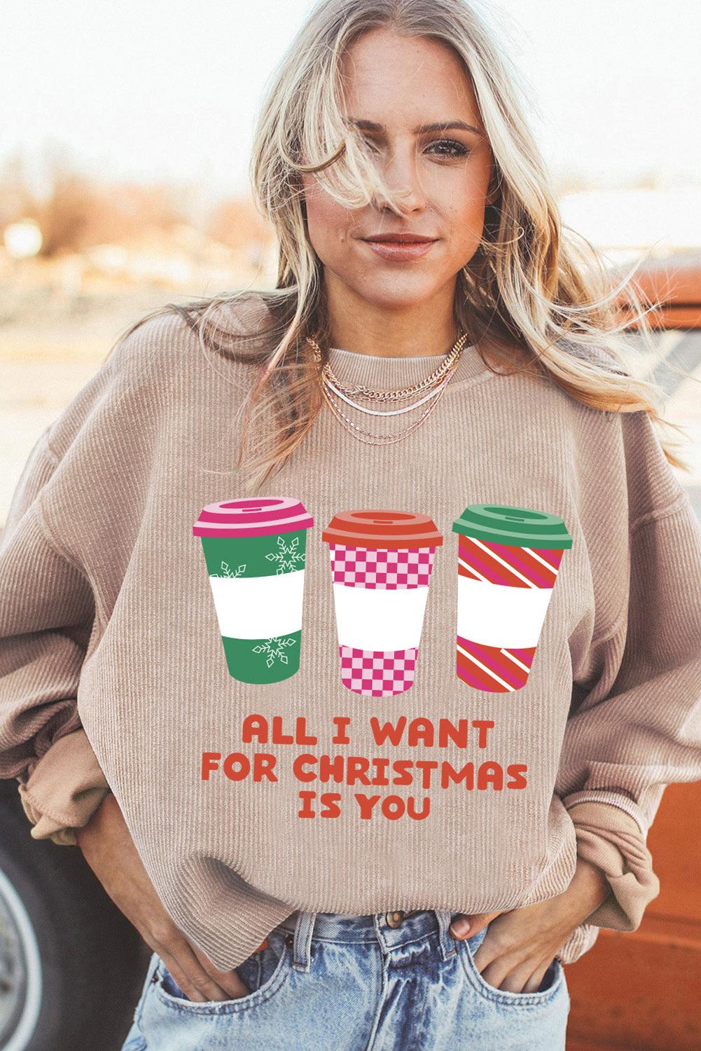 Apricot All I Want For Christmas Is You Ribbed Pullover Sweatshirt - L & M Kee, LLC