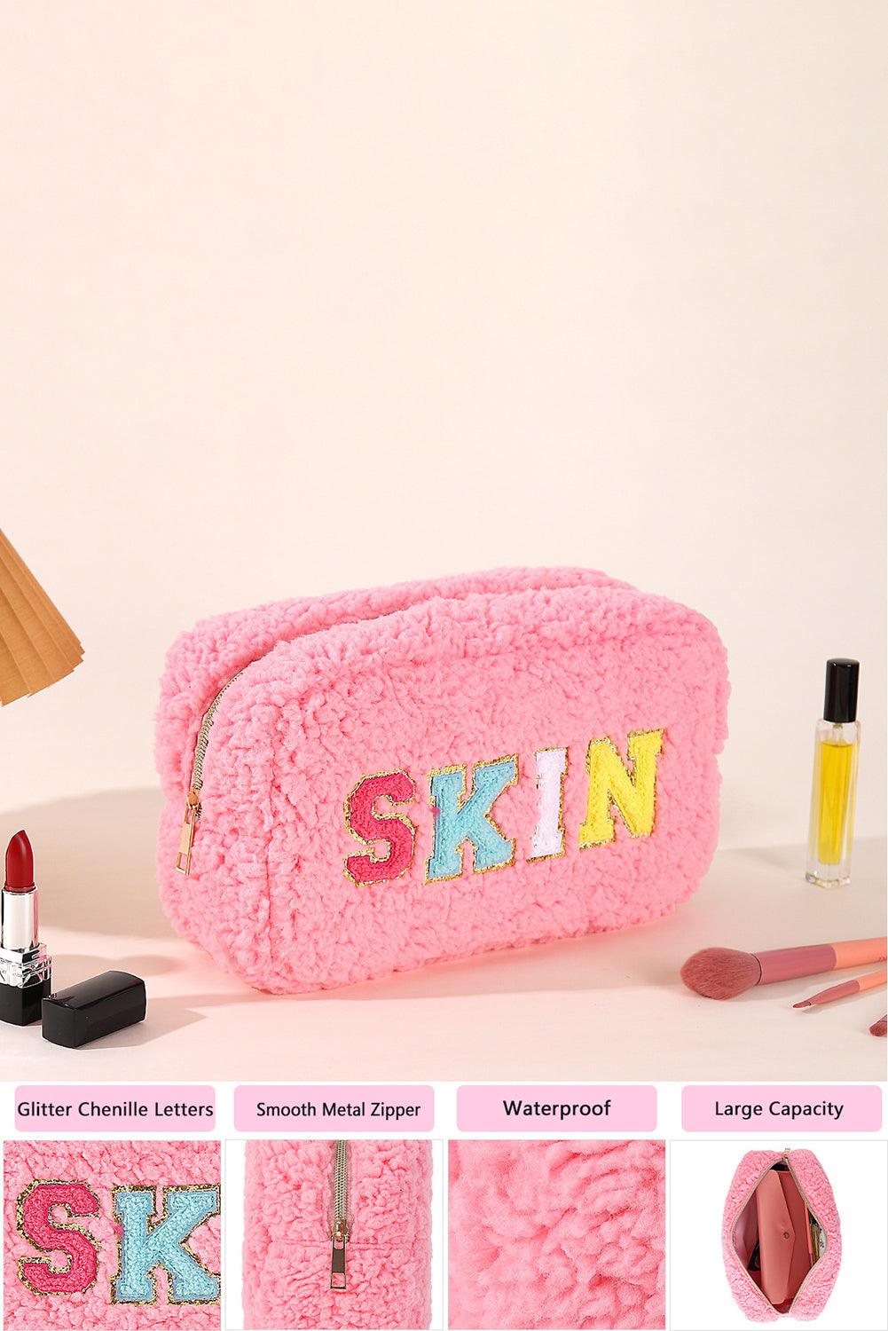 Pink Plush Chenille Embroidered Alphabet Makeup Bag - L & M Kee, LLC