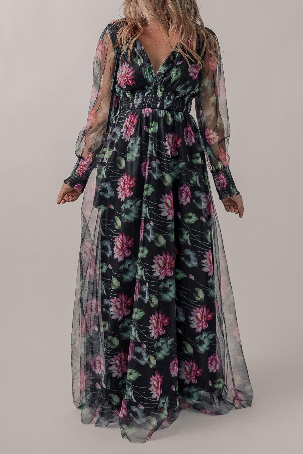 Black Mesh Sheer Shirred High Waist Floral Maxi Dress - L & M Kee, LLC