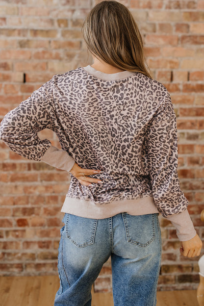 Pink Leopard Print Patchwork Crew Neck Sweatshirt