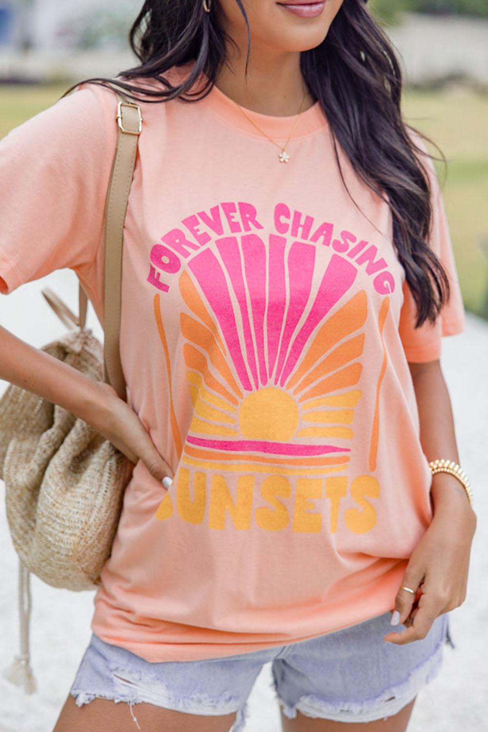 Pink FOREVER CHASING SUNSET Graphic T Shirt - L & M Kee, LLC