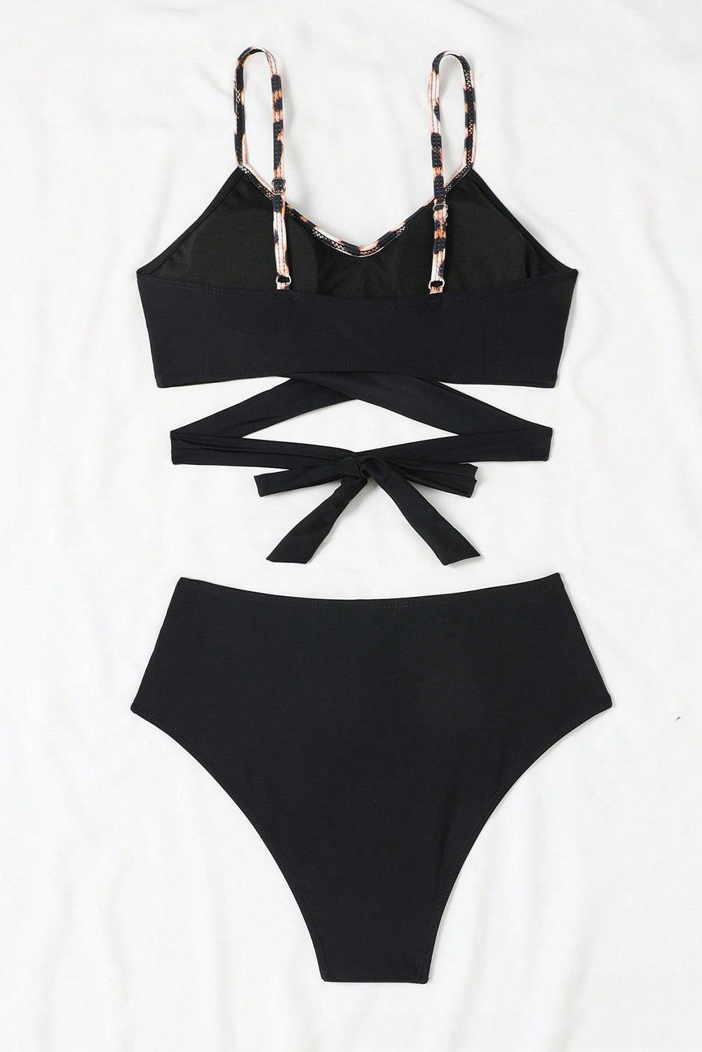 Black Leopard Splicing Criss Cross Tie Spaghetti Straps High Waisted Bikini - L & M Kee, LLC