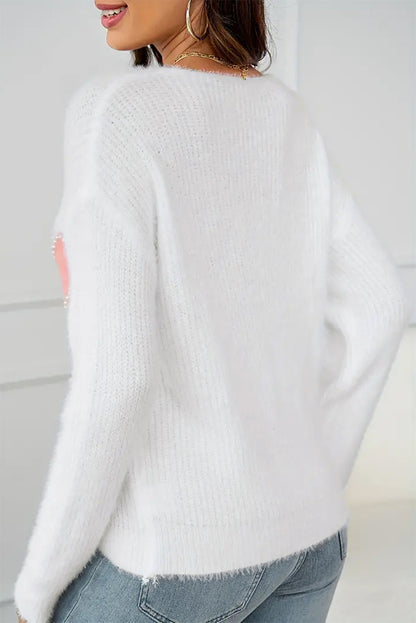 White Pearl Beaded Heart Pattern Fuzzy V Neck Sweater