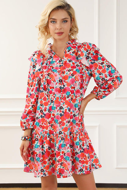 Multicolour Ruffle Split Neck Floral Long Sleeve Dress - L & M Kee, LLC