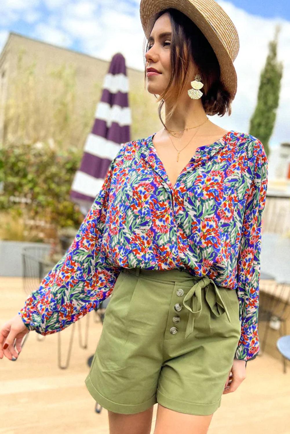 Multicolor Floral Balloon Sleeve Loose Blouse - L & M Kee, LLC