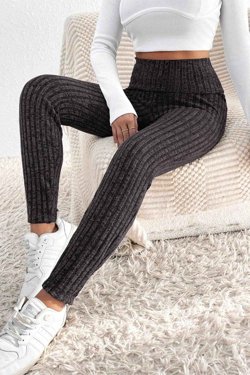 Dark Grey Wide Waistband Ribbed Textured Knit Leggings - L & M Kee, LLC