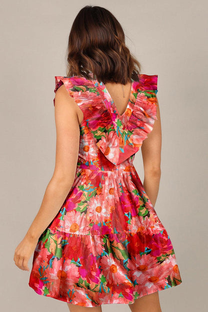 Floral Sleeveless V Neck Frill Mini Dress