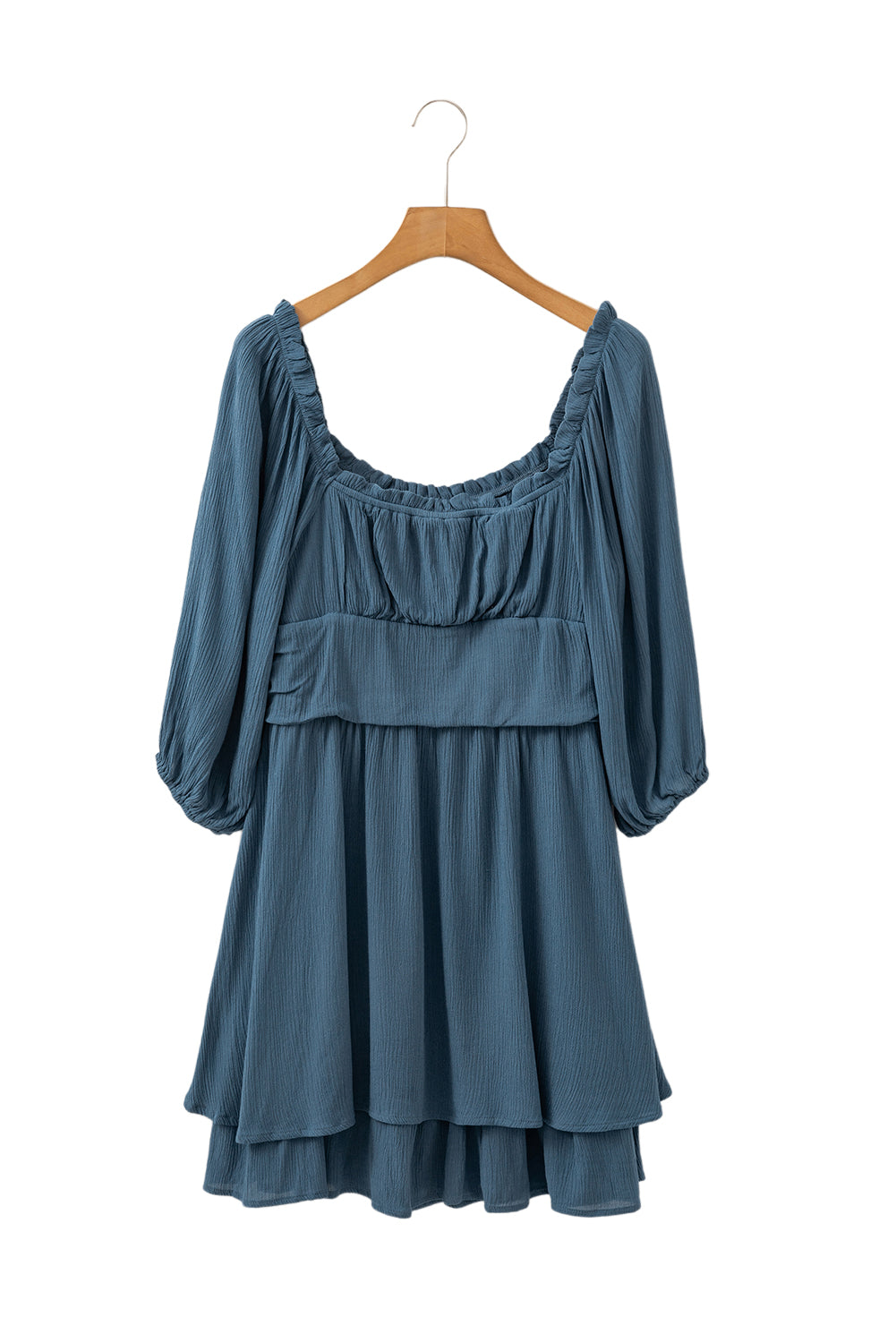 Real Teal Frilled Neckline 3/4 Sleeve Layered Ruched Mini Dress