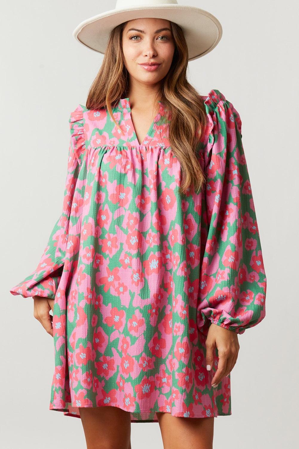 Pink Split V Neck Bubble Sleeve Loose Floral Dress - L & M Kee, LLC