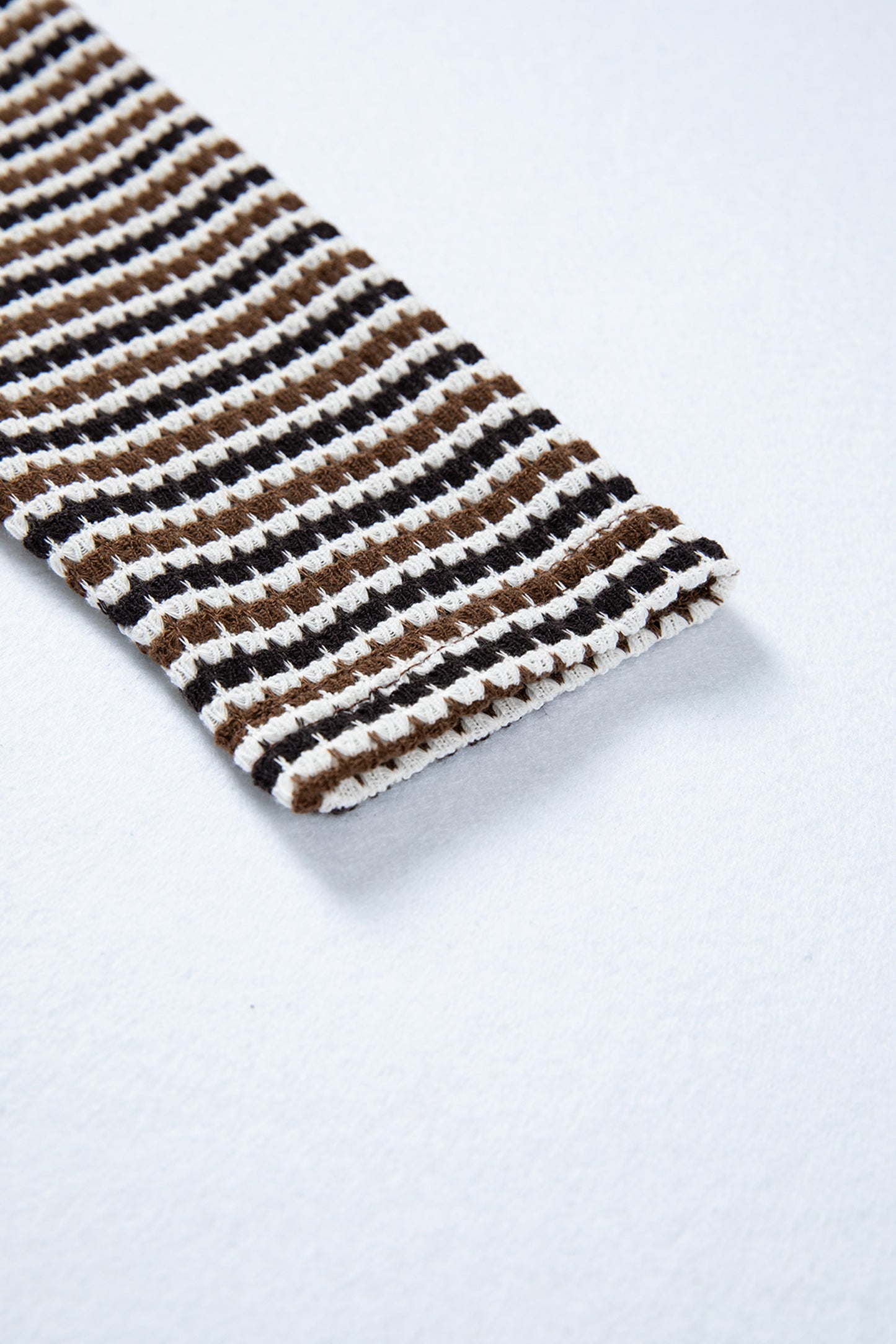 Brown Faux Two Piece Textured Striped Round Neck Long Sleeve T Shirt