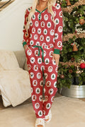 Red Stripe Christmas Fashion Print Henley V Neck Pullover and Jogger Pants 2 Piece Lounge Set
