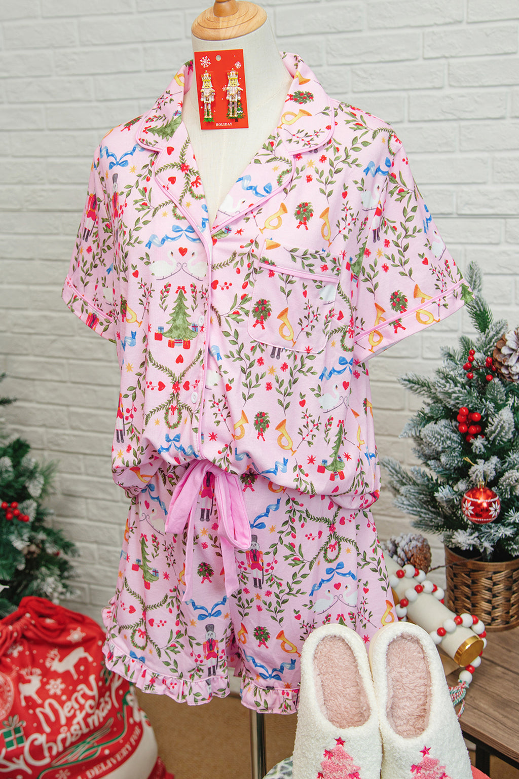 Pink Nutcracker Doll Christmas Print Ribbon Tie Waist Short 2pcs Pajama Set