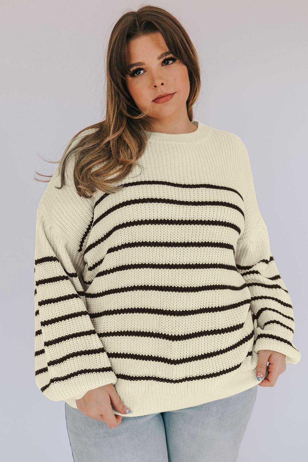 Khaki Plus Size Striped Drop Shoulder Puff Sleeve Sweater - L & M Kee, LLC