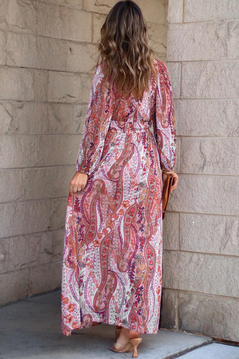 Multicolour Boho Paisley Print V Neck Empire Waist Maxi Dress - L & M Kee, LLC