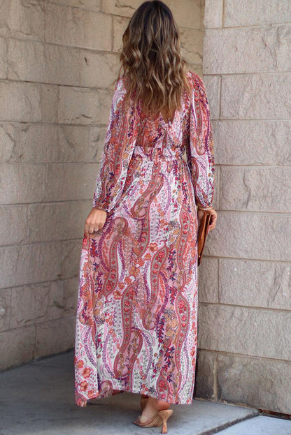 Multicolour Boho Paisley Print V Neck Empire Waist Maxi Dress - L & M Kee, LLC