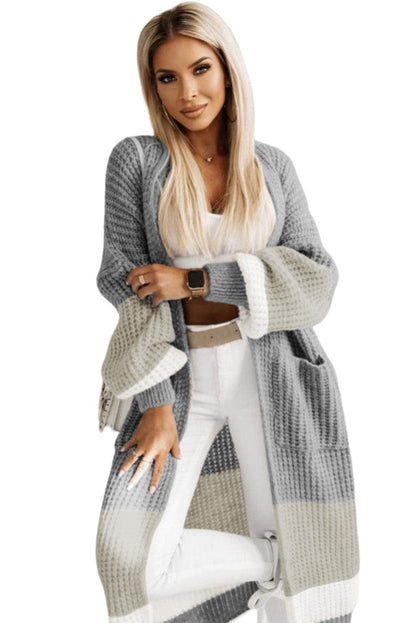 Colorblock Cable Knit Side Pockets Duster Cardigan - L & M Kee, LLC