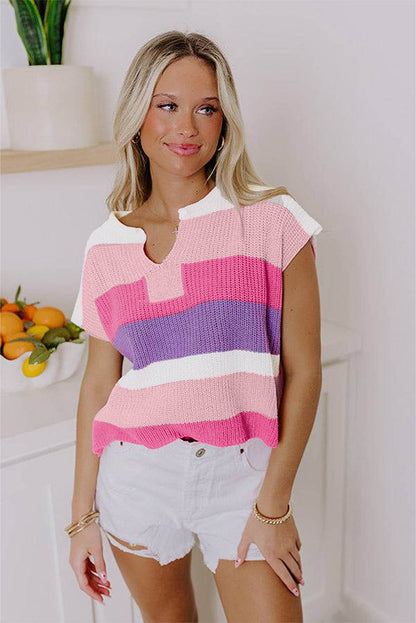 Pink Color Block Notch V Neck Sweater T Shirt