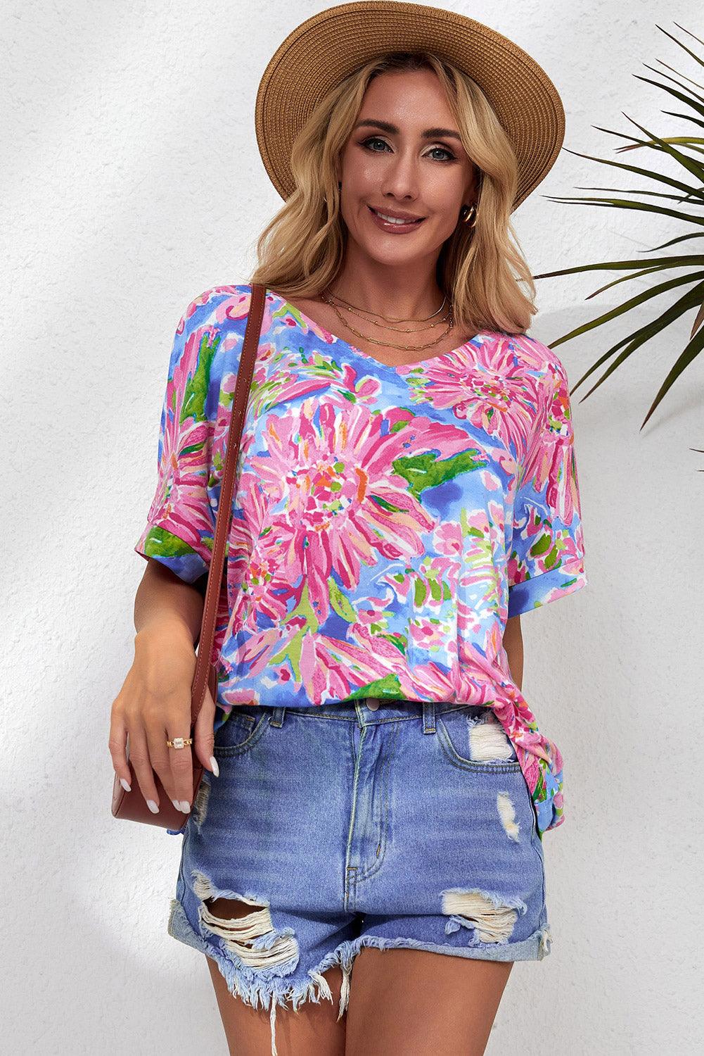 Pink Abstract Floral Print Notch V Neck Rolled Short Sleeve Blouse - L & M Kee, LLC