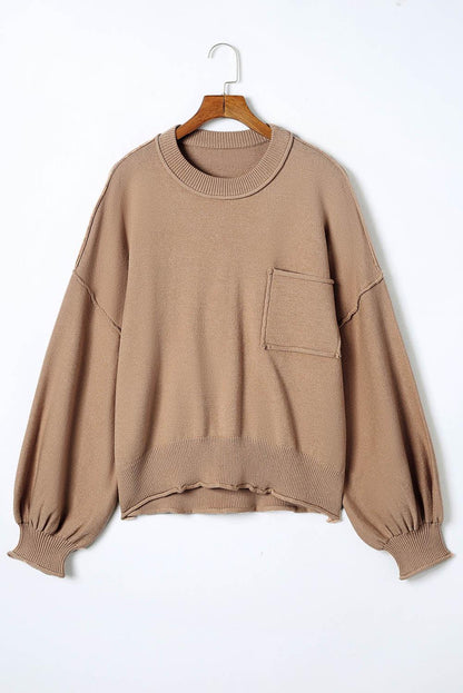 Apricot Raw Edge Patch Pocket Exposed Seam Loose Sweater - L & M Kee, LLC