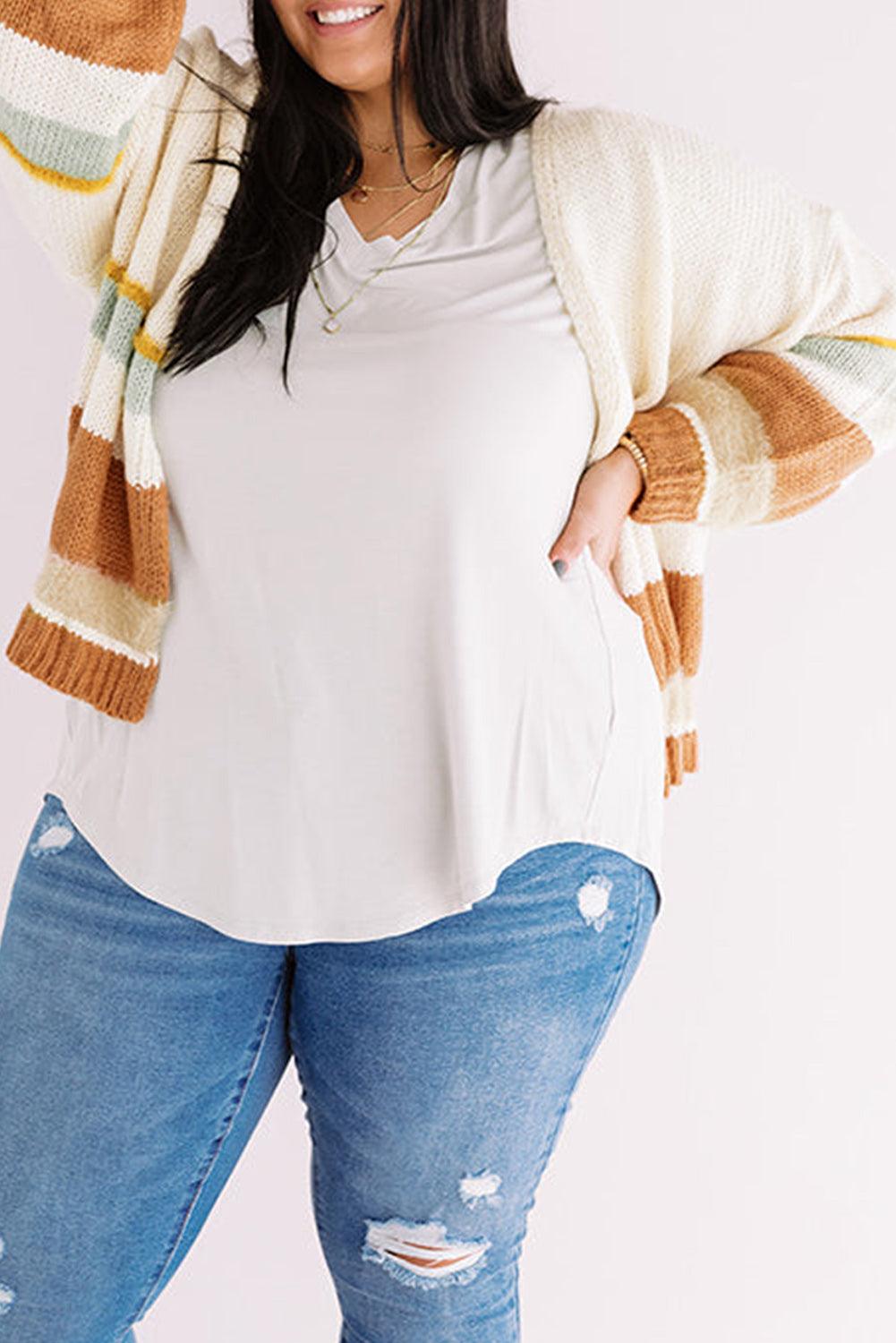 Beige Plus Size Striped Print Open Front Cardigan - L & M Kee, LLC