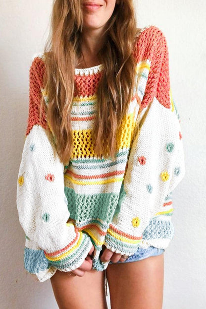 Multicolor Hollow Striped Knit Contrast Sleeve Sweater - L & M Kee, LLC