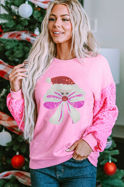 Pink Bow Father Christmas Graphic Sequin Patchwork Long Sleeve Top