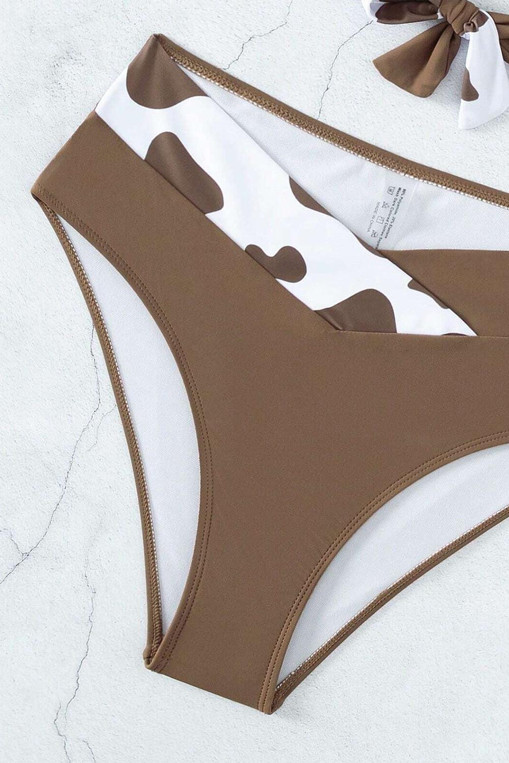 Coffee Contrast Cow Pattern Crossed Bikini - L & M Kee, LLC