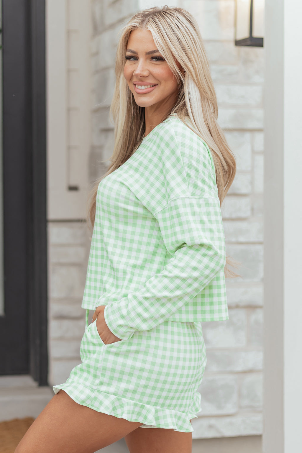 Green Gingham Long Sleeve Loose Top Drawstring Shorts 2pcs Lounge Set