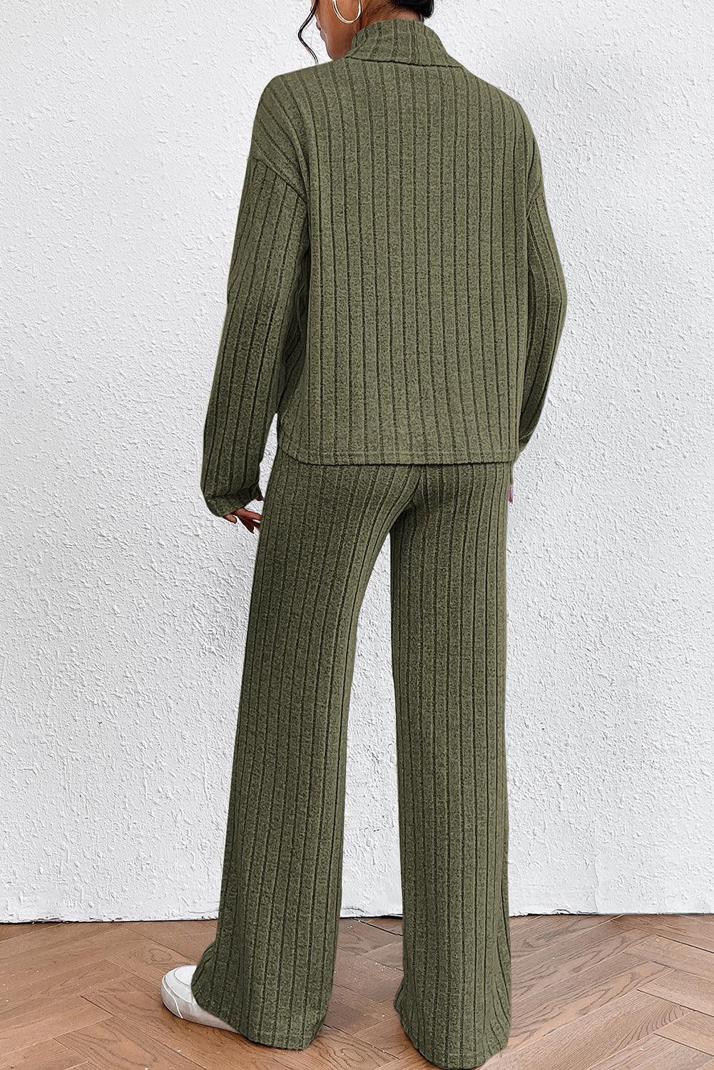 Khaki Ribbed Knit Bell Sleeve Crop Top Drawstring Pants Set - L & M Kee, LLC