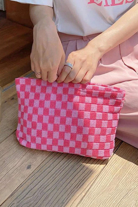 Bright Pink Checkered Print Cosmetic Bag - L & M Kee, LLC