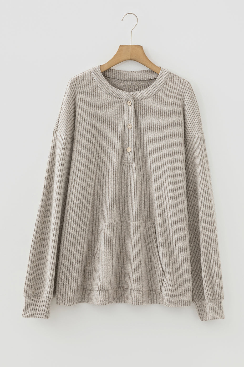 Simply Taupe Plus Size Ribbed Knit Kangaroo Pocket Henley Long Sleeve Top