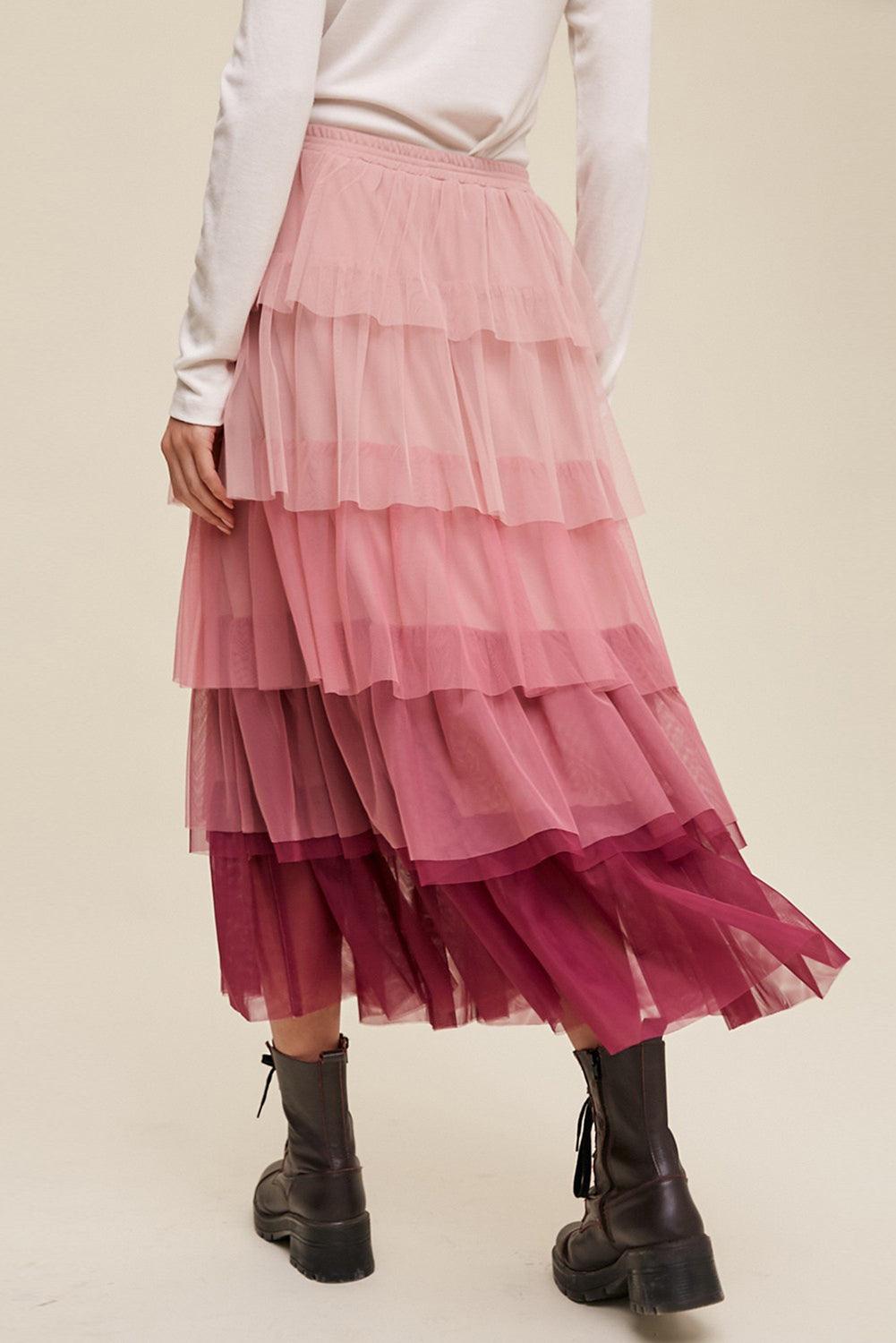 Pink Gradient Ruffle Tiered Mesh Maxi Skirt - L & M Kee, LLC