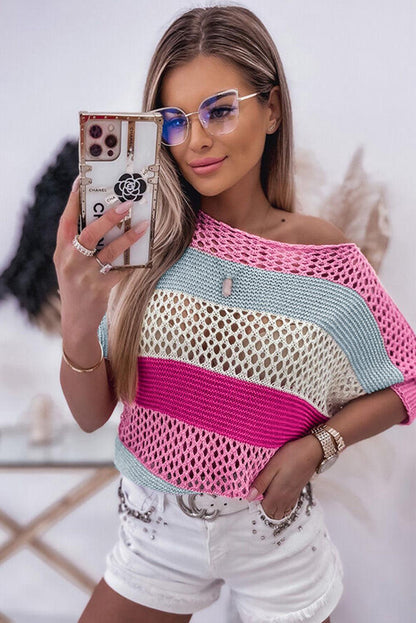 Sky Blue Knitted Eyelet Colorblock Striped Half Sleeves Top