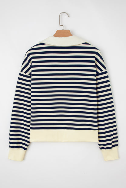 Blue Stripe Collared V Neck Long Sleeve Casual Top