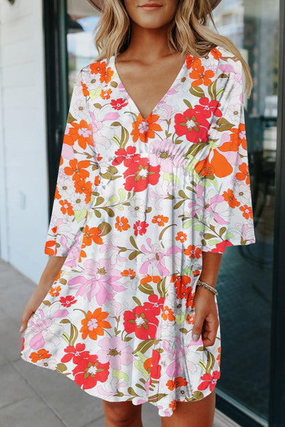 V Neck 3/4 Sleeve Floral Dress - L & M Kee, LLC