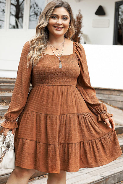 Chestnut Plus Size Smocked Ruffled Sleeve Tiered Mini Dress - L & M Kee, LLC