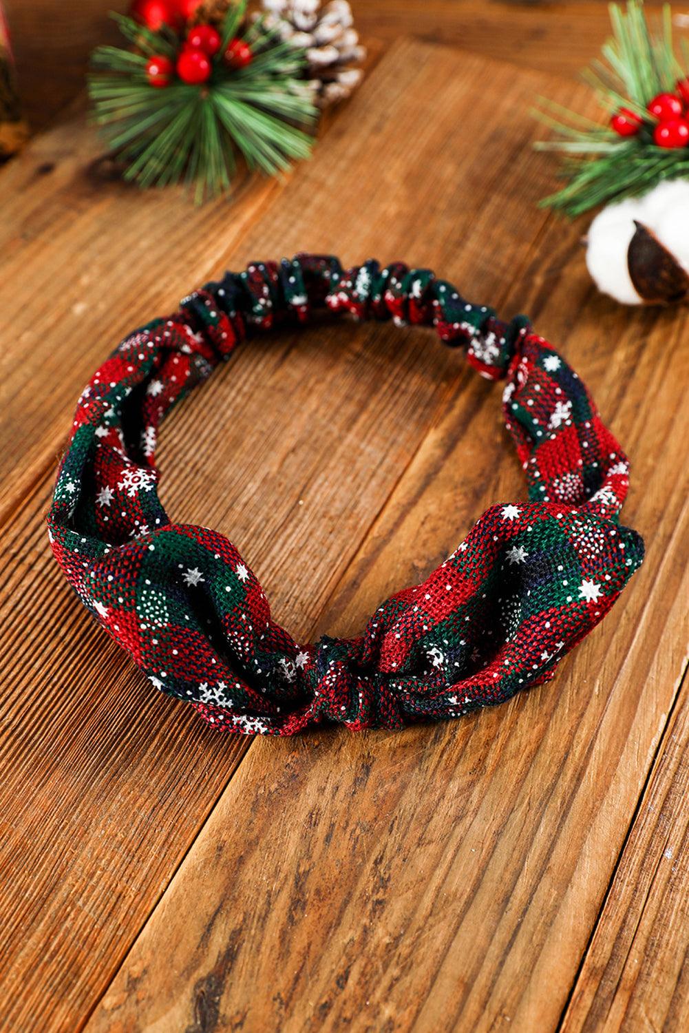 Burgundy Christmas Plaid Snowflake Print Bow Hair Tie - L & M Kee, LLC