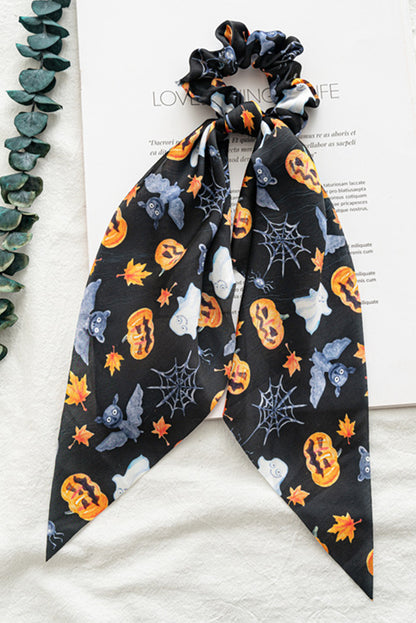 Bristol Black Halloween Pumpkin Face Printed Satin Scrunch Hair Tie