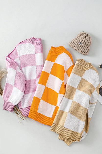 Pink Checkered Bishop Sleeve Sweater - L & M Kee, LLC