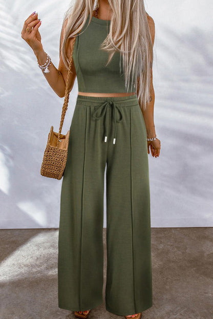 Jungle Green Solid Sleeveless Crop Top and Wide Leg Pants Set - L & M Kee, LLC