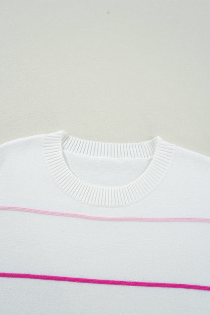 White Colorblock Striped Half Sleeve Drop Shoulder Sweater