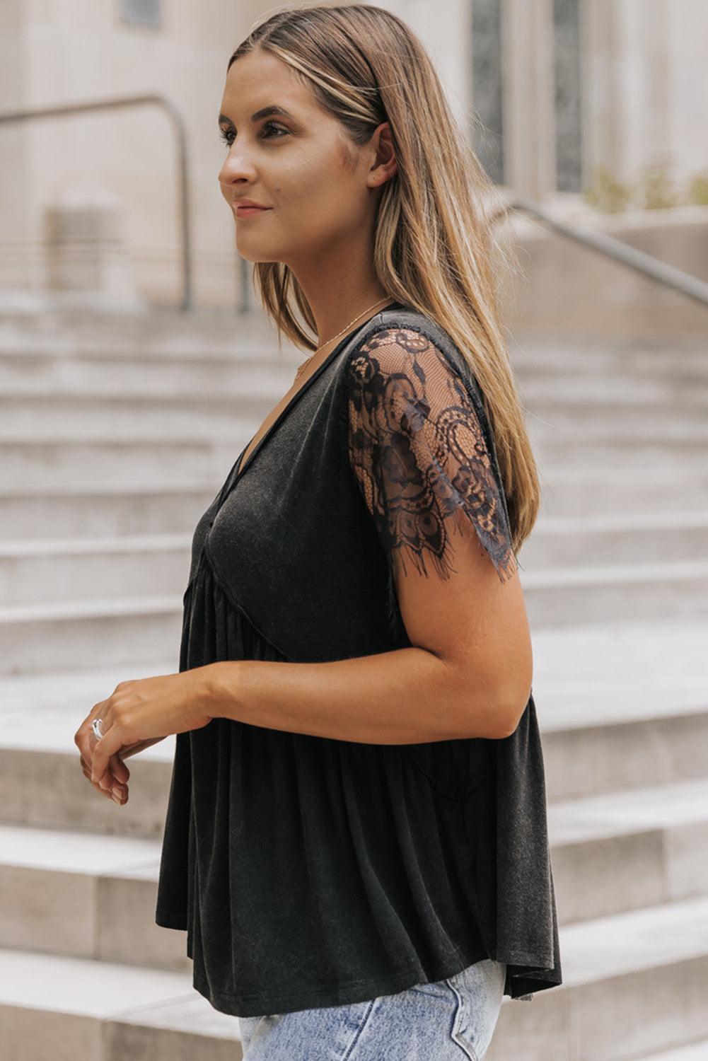 Black Eyelash Lace Sleeve V Neck Ruffle Babydoll Top - L & M Kee, LLC